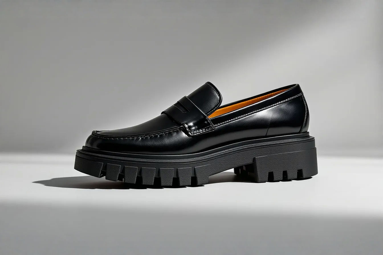 Professional studio product photography of a classic black penny loafer with an exaggerated chunky lug sole, shot from a 45-degree angle against a neutral gray background with soft, directional lighting that highlights the contrast between the polished leather upper and the textured rubber sole's deep treads. The composition should be clean and minimalist, emphasizing the striking juxtaposition between traditional and modern elements.