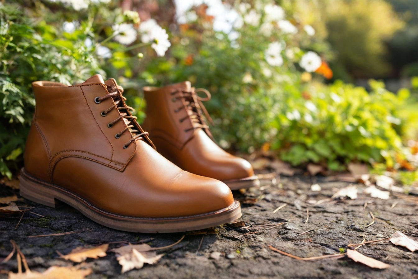 A pair of medium brown/cognac chukka boots placed in an outdoor setting with elements representing all four seasons subtly arranged around them. The boots are photographed from a 45-degree angle showing both the profile and front, with natural lighting highlighting the rich leather texture. The setting includes autumn leaves, spring flowers, a hint of summer greenery, and a light dusting of snow in one corner, all arranged artistically to suggest the boots' year-round versatility. The boots should be the central focus with a shallow depth of field blurring the seasonal elements slightly in the background.