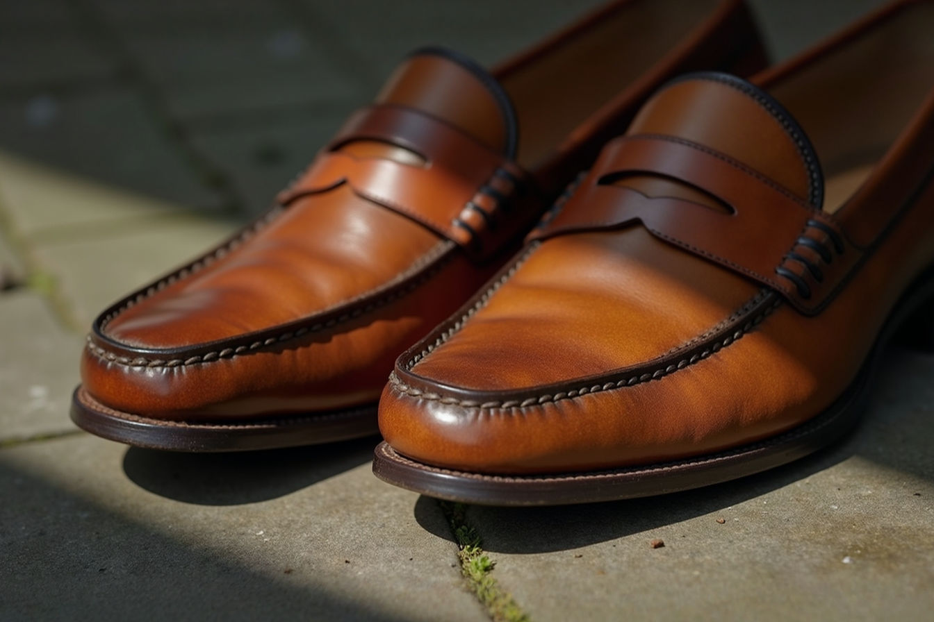 Close-up of a well-worn cognac leather penny loafer next to a new one of the same style, showing rich patina development, with natural light highlighting the depth and character of the aged leather.