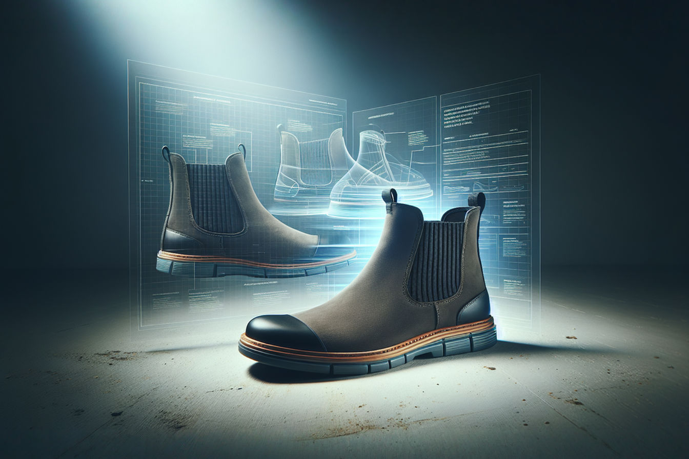 Professional studio photograph of a modern lightweight steel toe Chelsea boot positioned at a 45-degree angle on a minimalist industrial surface, with a subtle lighting effect highlighting the sleek profile, elastic side panel, and protective toe cap. A transparent technical diagram overlay shows the lightweight steel toe construction inside the boot.