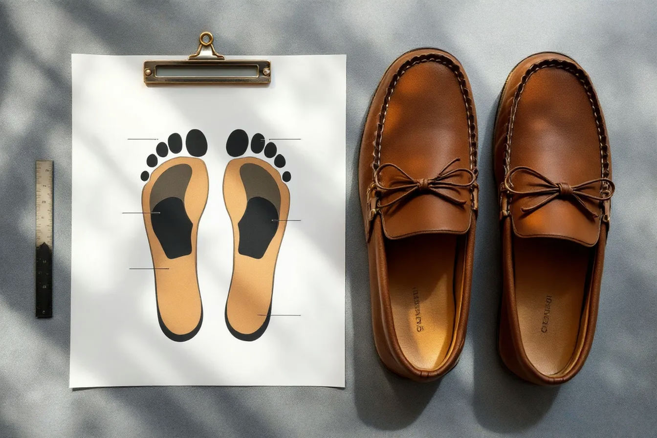 A high-quality, overhead photograph of premium men's leather moccasin slippers placed next to a simple diagram showing proper foot support points. The image should feature warm, natural lighting highlighting the leather texture, with one slipper turned to show its supportive footbed while the other is positioned upright. A measuring tool subtly placed nearby suggests assessment and evaluation.