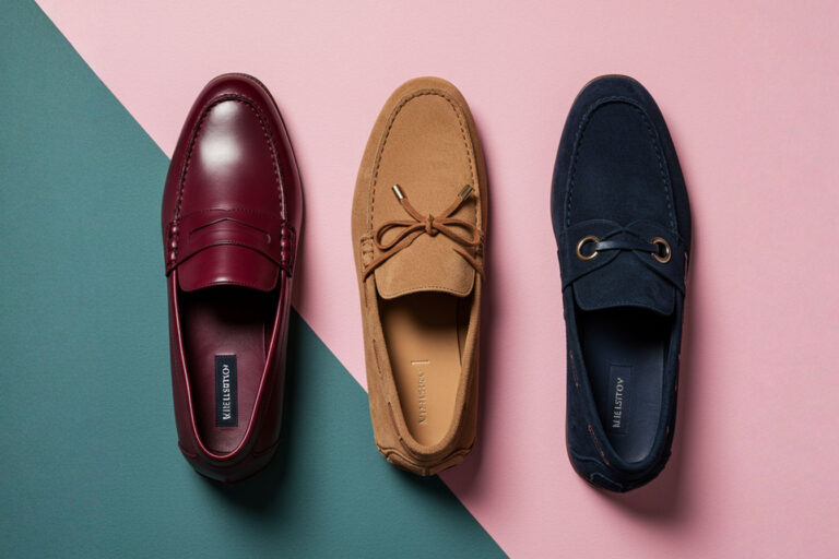 A professionally styled flat-lay photograph featuring three types of men's moccasins arranged in a diagonal composition: a polished burgundy penny loafer on the left, a tan suede driving moccasin in the center, and a navy boat shoe on the right. The shoes are displayed on a neutral light gray background with subtle texture, creating a sophisticated and editorial feel. Natural lighting emphasizes the rich textures and details of each shoe style, while the composition suggests the versatility theme of the article.