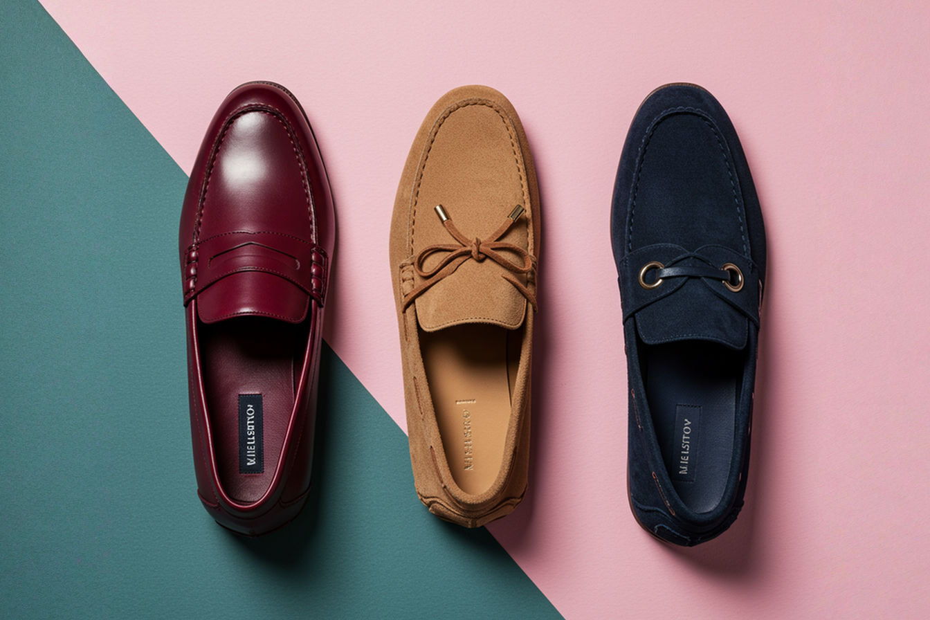 A professionally styled flat-lay photograph featuring three types of men's moccasins arranged in a diagonal composition: a polished burgundy penny loafer on the left, a tan suede driving moccasin in the center, and a navy boat shoe on the right. The shoes are displayed on a neutral light gray background with subtle texture, creating a sophisticated and editorial feel. Natural lighting emphasizes the rich textures and details of each shoe style, while the composition suggests the versatility theme of the article.