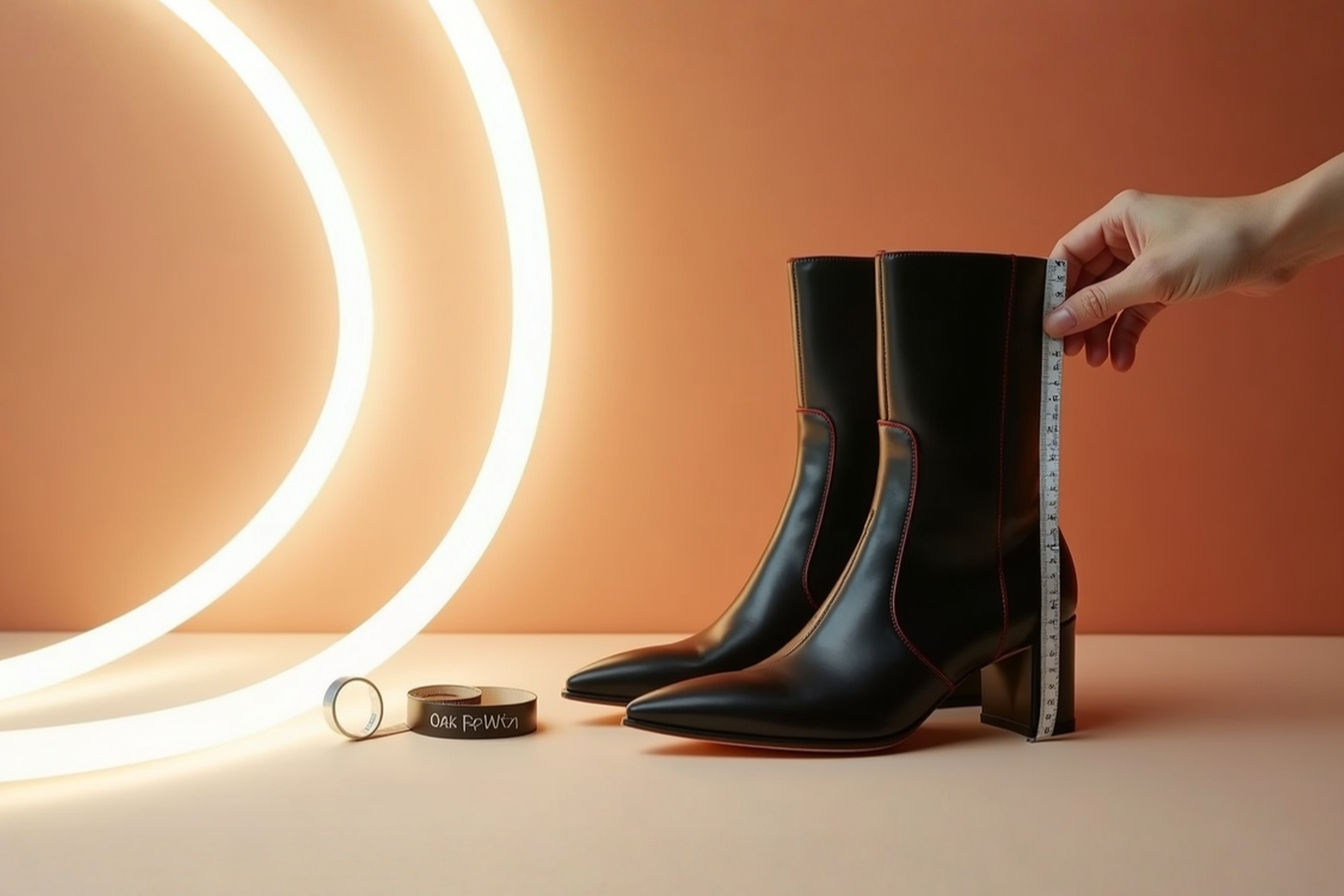 A professional photo showing a pair of elegant black leather pointed boots positioned beside a measuring tape and foot measuring tool on a neutral beige background. A stylist's hand is visible adjusting the measuring tape near the widest part of the boot, illustrating the sizing technique. The lighting is soft and directional, creating subtle shadows that highlight the sleek contours of the boots.
