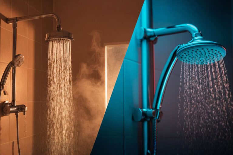 A professional split-screen photograph showing two modern bathroom shower installations side-by-side. On the left, a sleek chrome pressure booster pump connected to a standard shower head with visible strong water flow. On the right, a stylish WaterSense-certified low-flow shower head with a satisfying but visibly efficient spray pattern. The image should have clean lighting, crisp focus, and a slight steam effect to convey the shower environment. A subtle water droplet graphic overlay could indicate comparative water usage between the two systems.