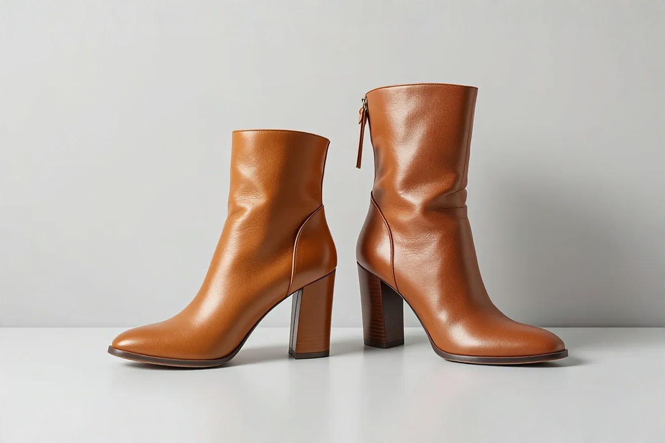 A professional product photography style image showing two identical women's ankle boots side by side against a neutral light gray background. The left boot is made of rich, warm-toned brown full-grain leather with visible natural grain variation, while the right boot is made of high-quality synthetic leather in an identical style. A price tag hangs from each boot, with the real leather boot showing a significantly higher price. The lighting is soft and slightly directional, highlighting the textural differences between the materials while maintaining a clean, elegant composition.