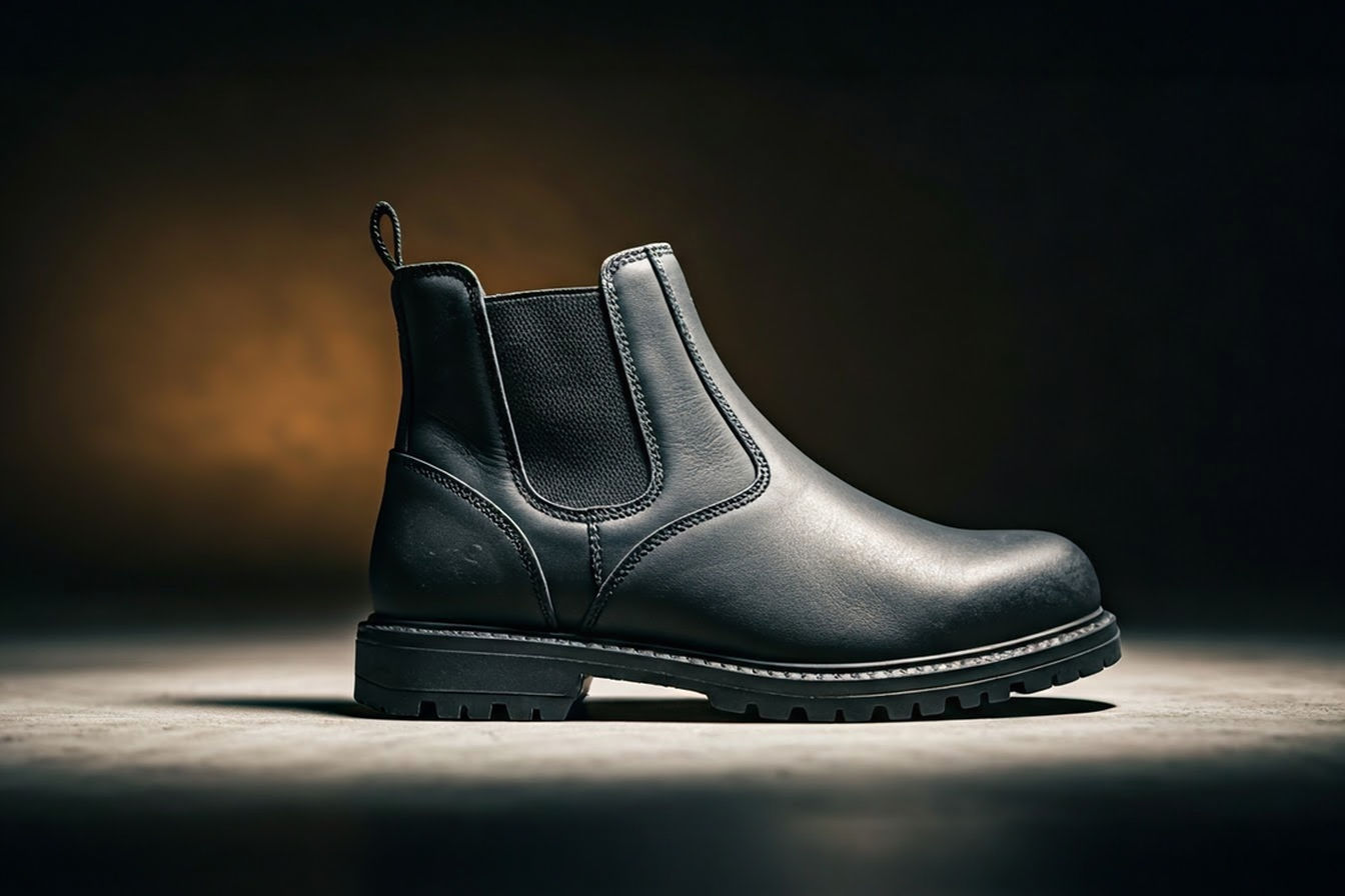 A close-up, professionally-lit product photograph showing a premium black safety toe Chelsea boot positioned at a three-quarter angle on a neutral concrete surface. The image captures the boot's sleek silhouette and clean lines, with subtle hints of the protective toe cap visible but integrated seamlessly into the design. A soft shadow creates depth while maintaining the focus on the boot's refined appearance and quality materials.