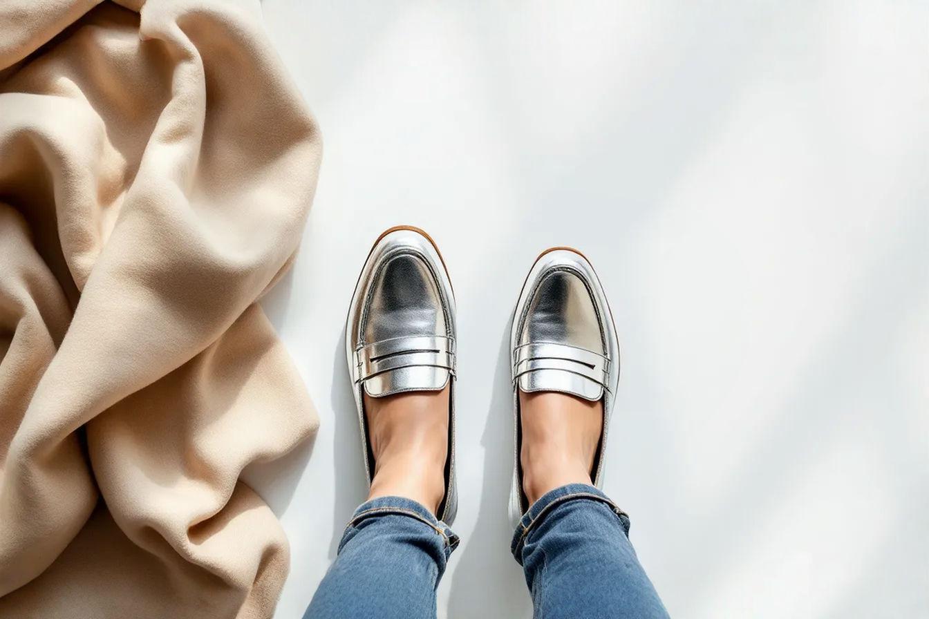 A top-down studio photograph showing a pair of gleaming silver women's penny loafers partially visible at the bottom of the frame. They're styled with slim-fitting cropped jeans with a slight cuff, revealing a glimpse of ankle. A textural contrast is created by a soft cashmere sweater draped casually in the corner of the frame. The lighting is bright and airy with subtle shadows highlighting the metallic sheen of the loafers. The composition suggests effortless everyday elegance rather than formal styling.