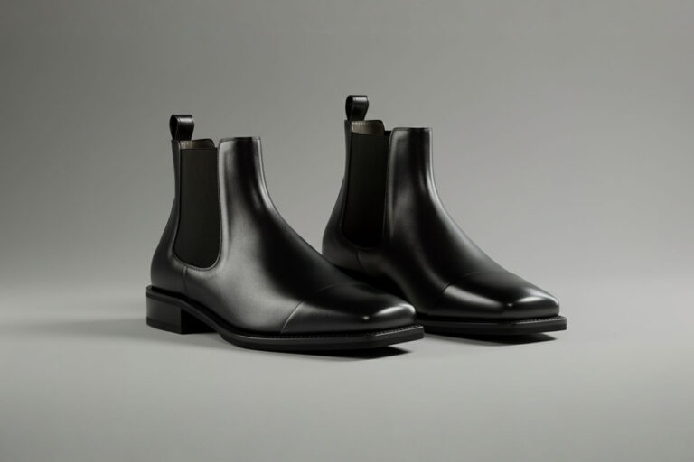 Professional photograph of a pair of black leather square toe Chelsea boots positioned at a 45-degree angle on a minimalist light gray surface. The boots should be well-lit to highlight the distinctive square toe shape and elastic side panels. A soft shadow creates depth while maintaining focus on the geometric lines and quality craftsmanship of the boots.