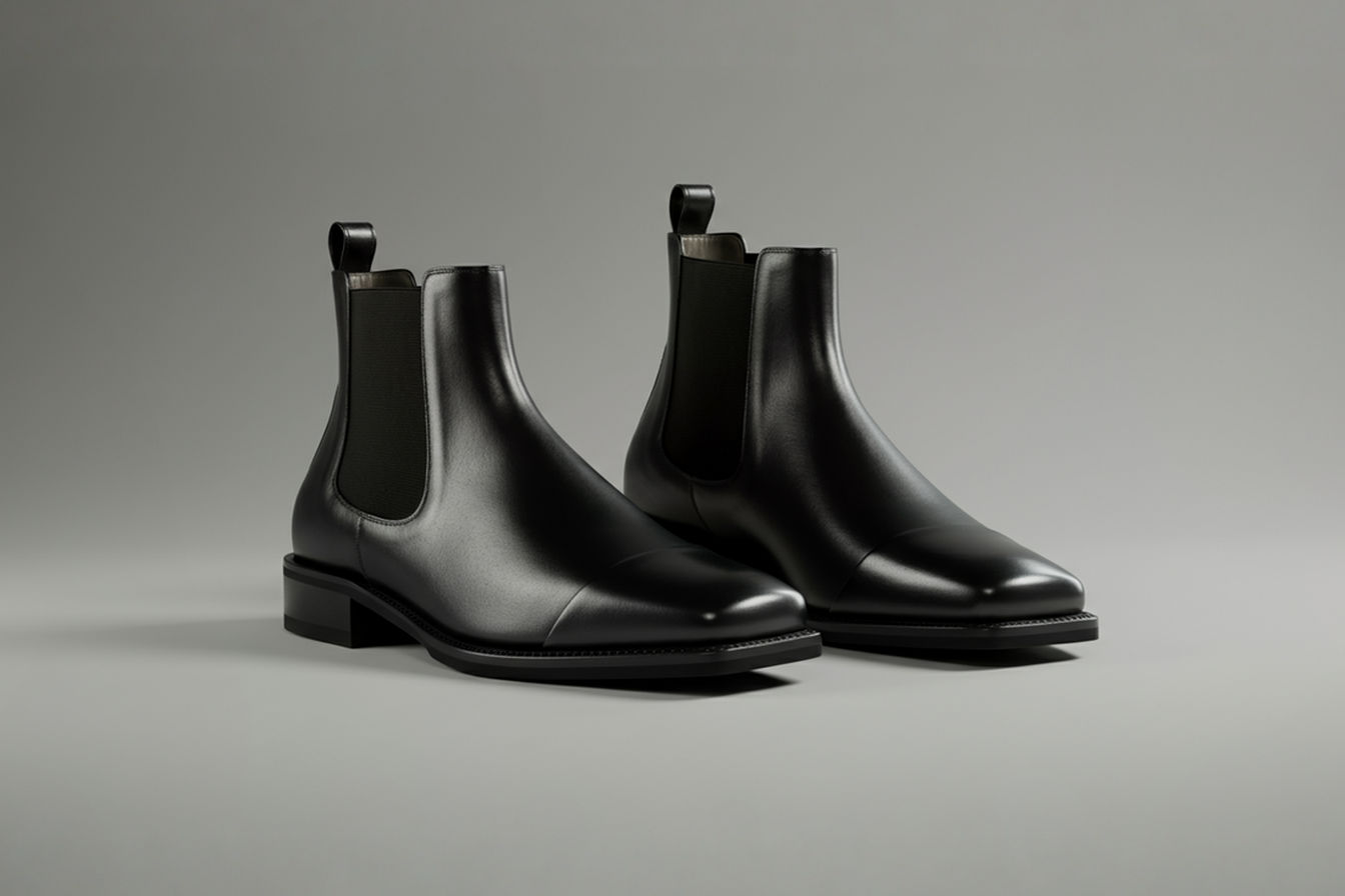Professional photograph of a pair of black leather square toe Chelsea boots positioned at a 45-degree angle on a minimalist light gray surface. The boots should be well-lit to highlight the distinctive square toe shape and elastic side panels. A soft shadow creates depth while maintaining focus on the geometric lines and quality craftsmanship of the boots.