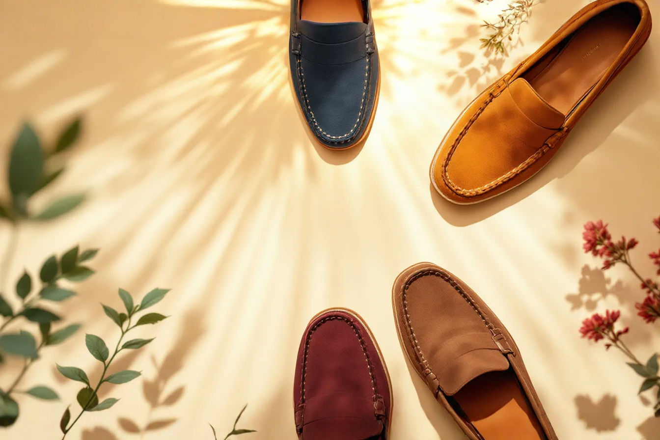Professional product photography featuring four pairs of suede driving loafers arranged in a circular pattern against a neutral cream background. Each loafer represents a different seasonal color: tan (spring), navy (summer), burgundy (fall), and dark brown (winter). The shoes are photographed from a 45-degree top-down angle with soft, diffused lighting highlighting the rich texture of the suede. A simple leather card with the title "Seasonal Guide" sits in the center of the arrangement.