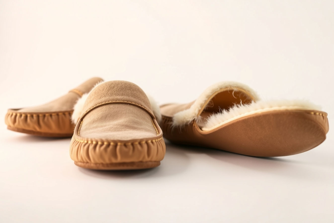 Professional photograph showing a side-by-side comparison of a traditional flat moccasin and a supportive moccasin with visible arch support. The supportive version should be partially cut away to reveal the contoured footbed, with soft warm lighting highlighting the anatomical arch support. The image should feature high-quality materials like sheepskin and leather in warm, neutral tones against a minimalist white background.