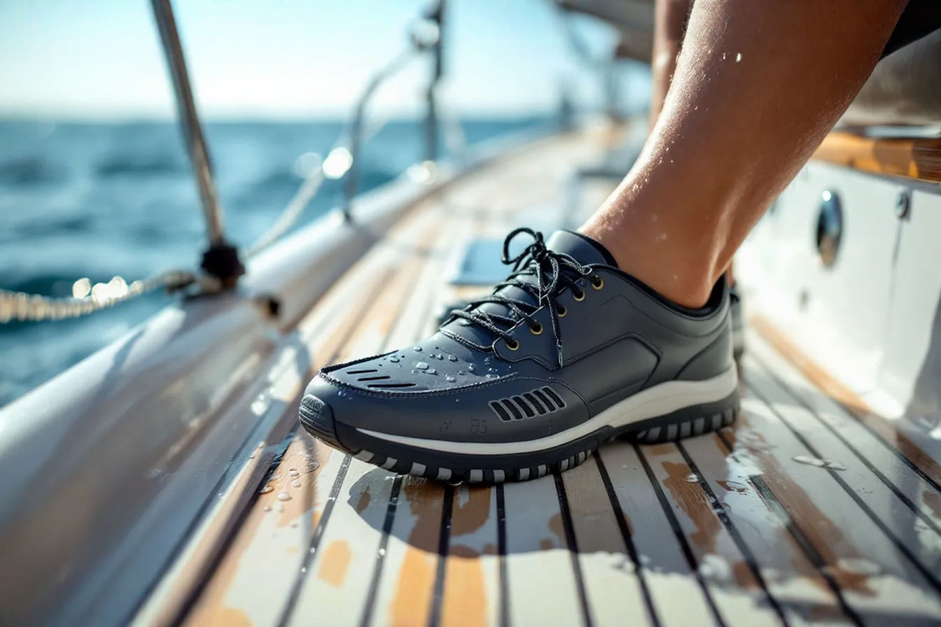 A close-up perspective of amphibious boat shoes on the deck of a yacht, with water visible in the background. The shoes should feature visible technical elements like siped soles and drainage ports, with water droplets on the surface highlighting their water-ready capabilities. The composition should capture both the functional aspects and stylish design of modern marine footwear, with natural lighting that enhances texture details.