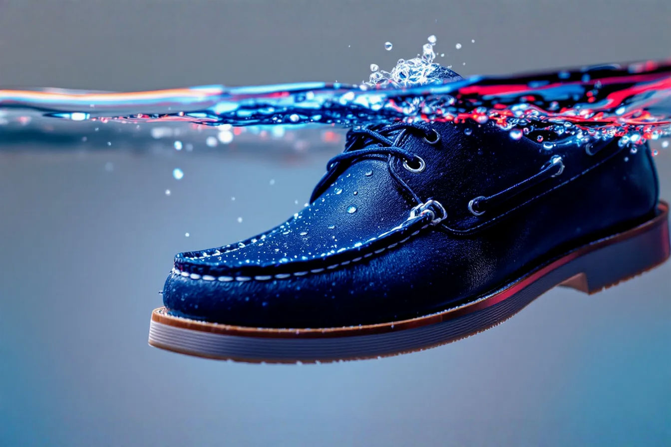 Close-up professional photograph of a navy blue deck shoe partially submerged in clear water with visible water beading on the surface. The image should be shot from a 45-degree angle with studio lighting highlighting the water droplets on the treated leather, demonstrating water resistance properties against a neutral background.