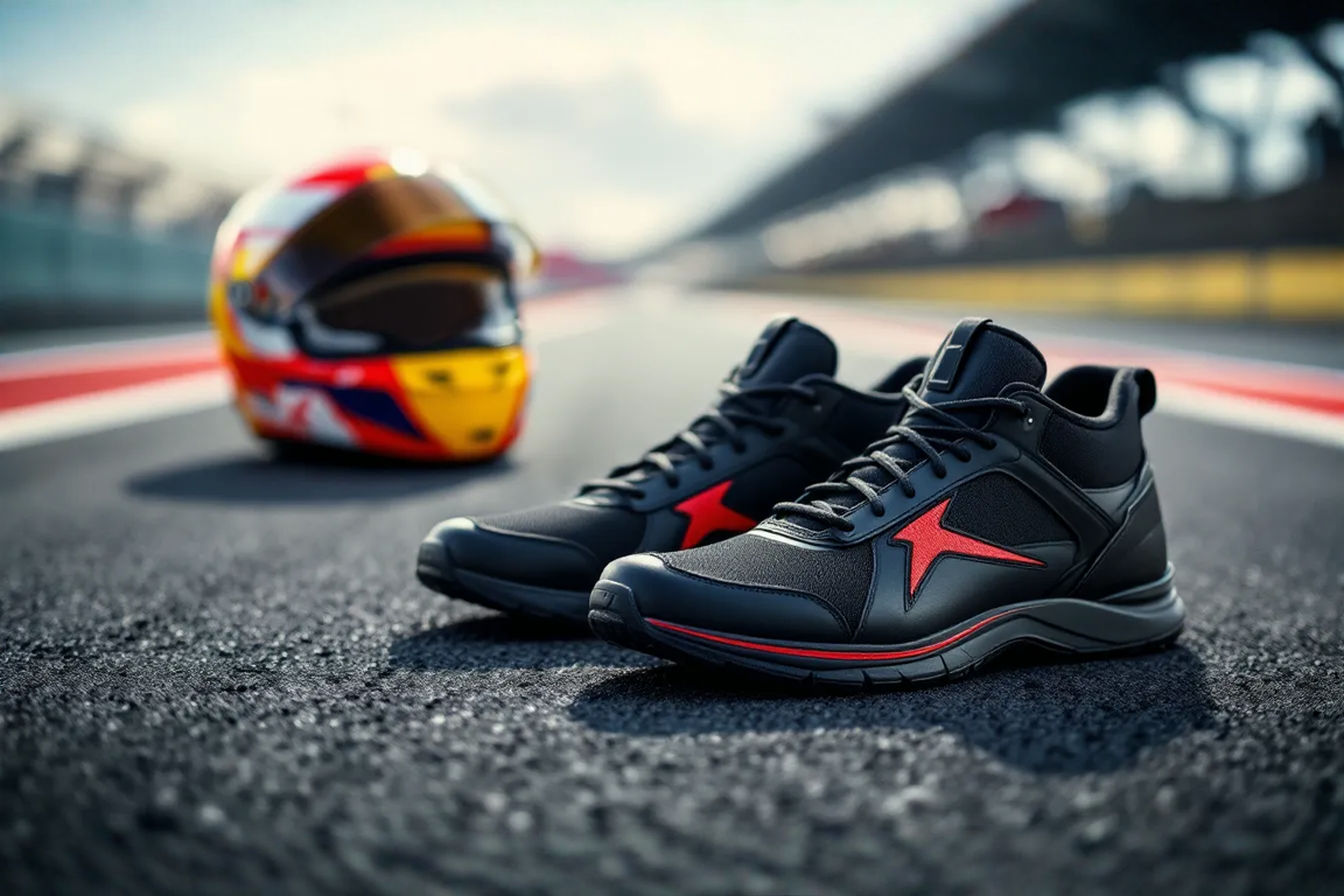 A professional, well-lit photograph shows a pair of black, entry-level motorsport racing shoes with red accents placed on a clean asphalt track surface. A racing helmet rests slightly behind and to the side of the shoes, suggesting preparedness for a track day. The focus is sharp on the shoes, highlighting their design and materials, while the background is slightly blurred to emphasize the subject. The image conveys readiness, safety, and the context of performance driving.
