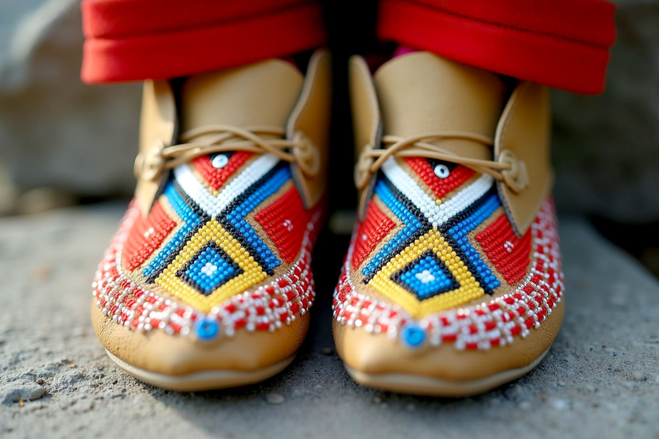Professional close-up photograph of a pair of intricately beaded Plains-style moccasins with strong geometric patterns in vibrant colors (red, blue, yellow, white, black) on light tan hide. The focus is sharp on the beadwork, showing the texture of the lazy stitch and the precision of the lines. The background is softly blurred, perhaps showing a natural material like wood or stone. Lighting is natural and highlights the beadwork detail.
