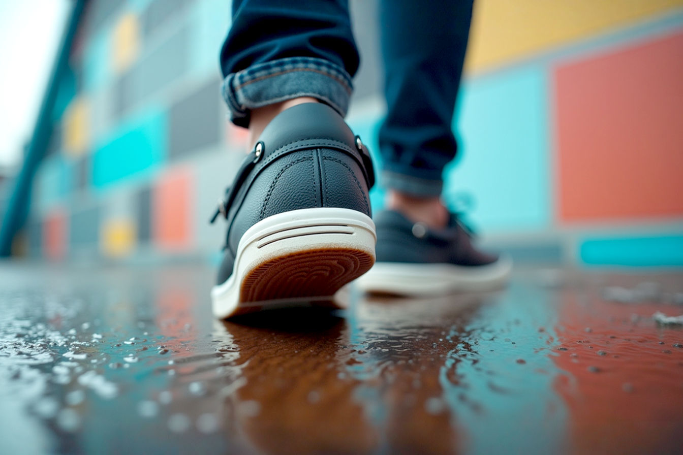 Professional photography style close-up shot showing the sole of a modern boat shoe with visible siping and drainage ports, positioned on a wet, textured boat deck surface. The background is slightly blurred, focusing attention on the shoe's features and the wet deck.