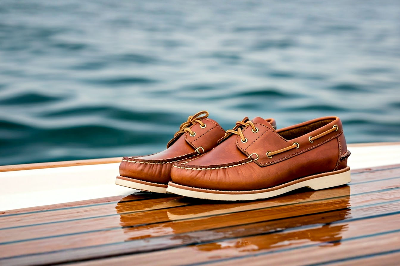 Professional, well-lit photograph showing a pair of classic brown leather men's boat shoes with distinctive siped soles placed on a wet wooden boat deck, with a subtle background blur of water and a boat railing. The image should convey quality, function, and the marine environment