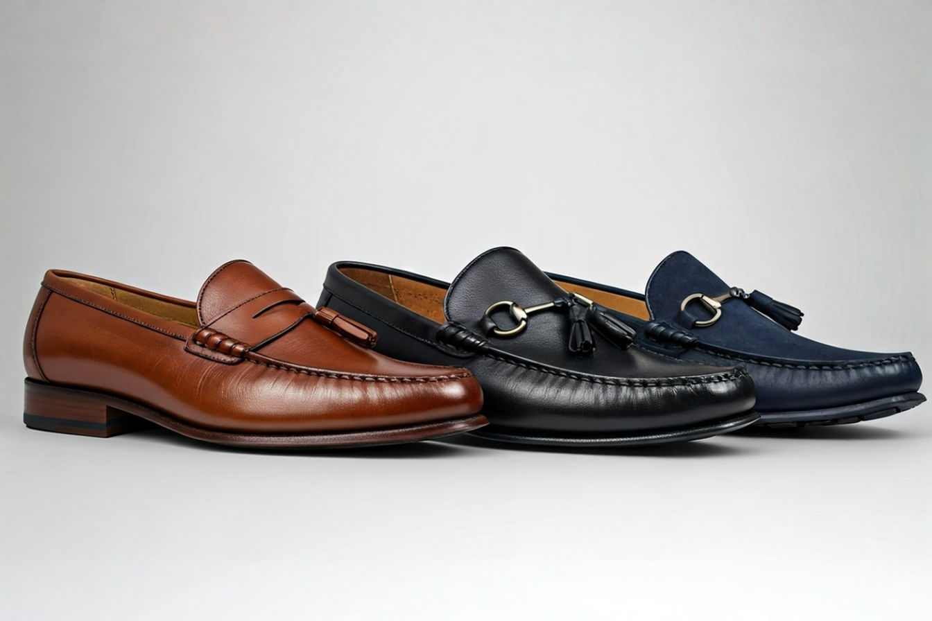 Professional studio shot of three distinct styles of high-quality men's loafers (e.g., a classic brown penny loafer, a black tassel loafer, a navy suede bit loafer) arranged neatly on a neutral, subtly textured light grey background. One shoe is angled slightly to reveal the contoured arch support inside the insole. Lighting is soft yet directional from the side, beautifully highlighting the leather grain, stitching details, and hardware. The focus is sharpest on the foreground loafers, gently softening towards the background, conveying quality and sophistication.