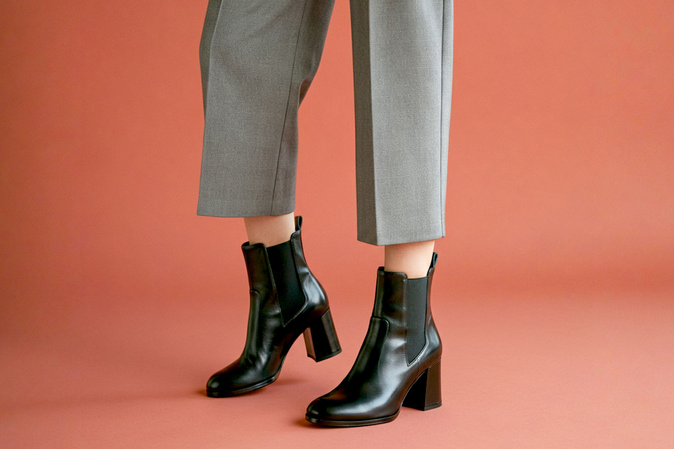 Professional photography of a woman wearing stylish black leather block heel ankle boots with tailored grey trousers in a modern office environment, showcasing both the aesthetic and practical appeal of the footwear.