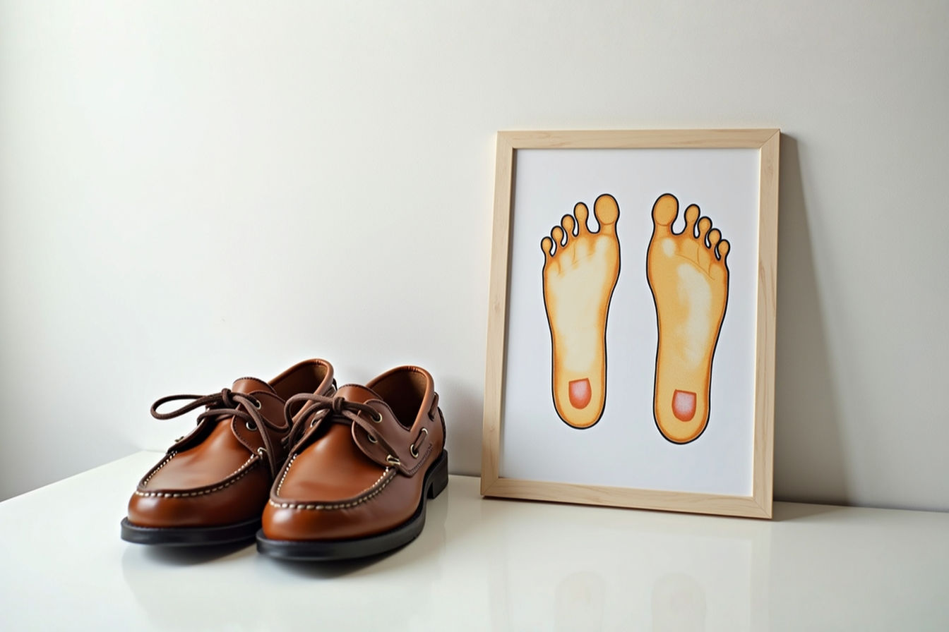 Professional photograph showing a pair of classic leather men's boat shoes placed next to a simple diagram illustrating the three main foot arch types (normal, flat, high). The lighting is natural and highlights the texture of the shoes and the clarity of the diagram.