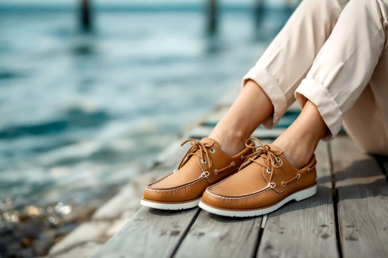 A woman with a relaxed, casual outfit (perhaps chinos or shorts and a simple top) is sitting on a dock or near water, wearing a stylish pair of boat shoes that clearly fit her feet comfortably. Her feet are slightly splayed, showcasing the shoe's fit. The image is well-lit, focusing on the shoes and the relaxed atmosphere. Professional photography style