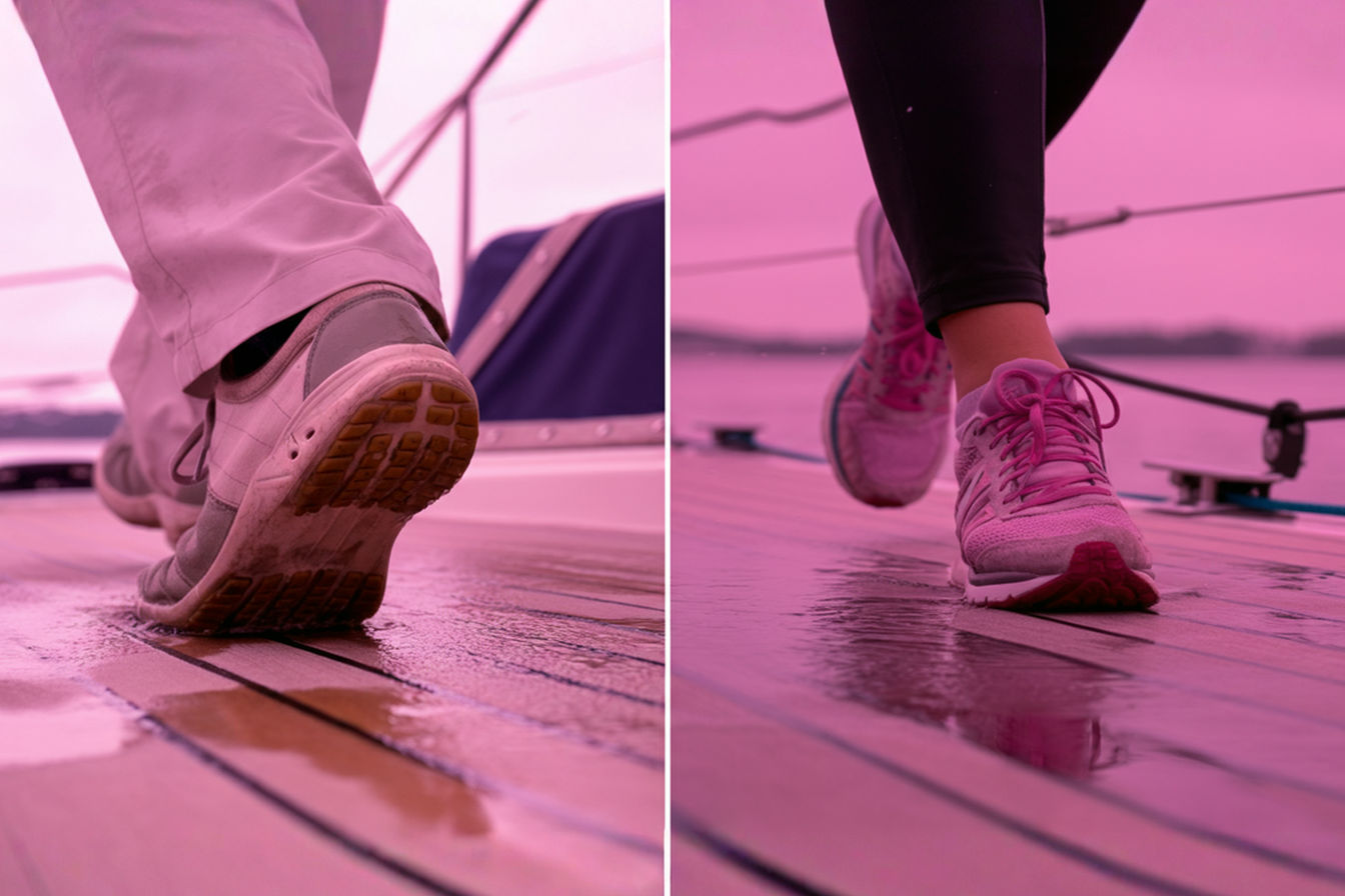 A split-screen professional photograph showing two feet side by side on a wet teak boat deck. The left foot wears a typical sailing shoe with visible siping patterns on the sole, making solid contact with the deck. The right foot wears a running shoe that's visibly slipping on the wet surface. The image is shot from a low angle with dramatic lighting that highlights water beading on the deck and the contrasting grip performance.