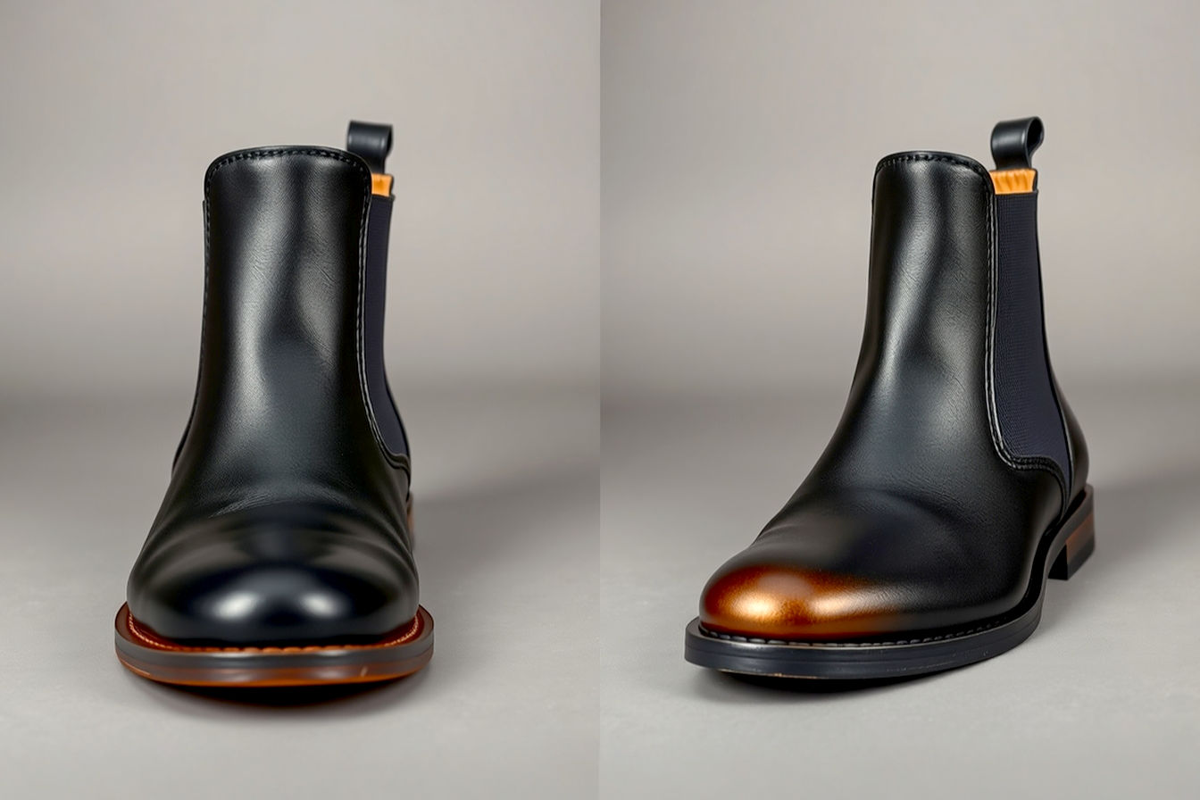 A split image featuring two close-up, professional studio photos of identical black leather Chelsea boots, one with a classic rounded toe and the other with a distinct chisel square toe. The boots are positioned side-by-side on a neutral grey background, clearly showing the difference in toe shape and how the light interacts with the curves versus the angles. The image should be high-quality, showcasing the texture of the leather and the details of the boot construction, providing a clear visual comparison of the two styles.