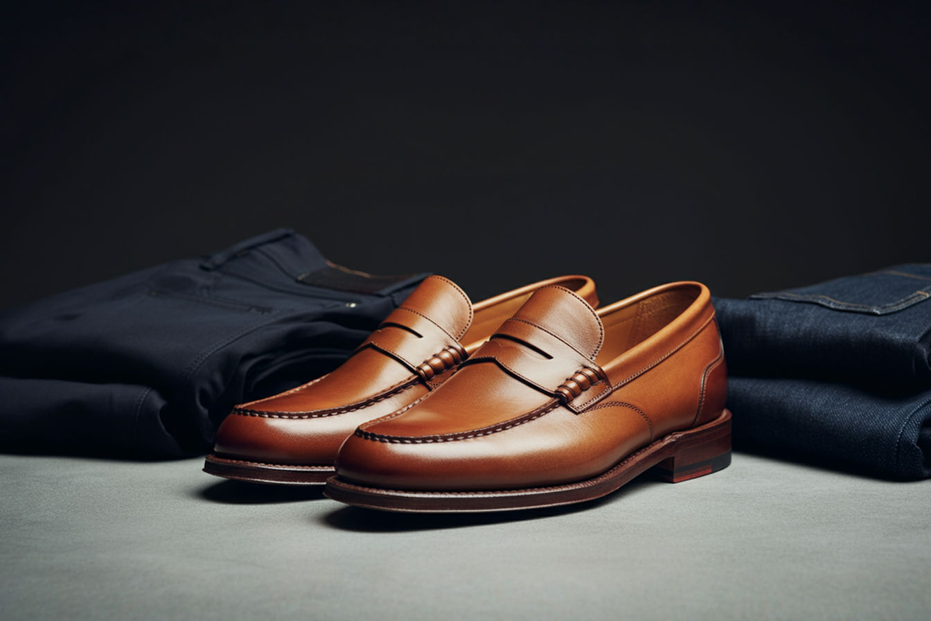 Professional, high-angle photograph showing a pair of classic medium brown leather penny loafers. One shoe is placed on a light grey concrete surface next to a folded pair of dark navy chinos, and the other shoe is placed next to a pair of dark wash denim jeans. The lighting is natural and soft, highlighting the texture of the leather and the different fabrics. The background is slightly blurred, keeping the focus on the shoes and trousers.