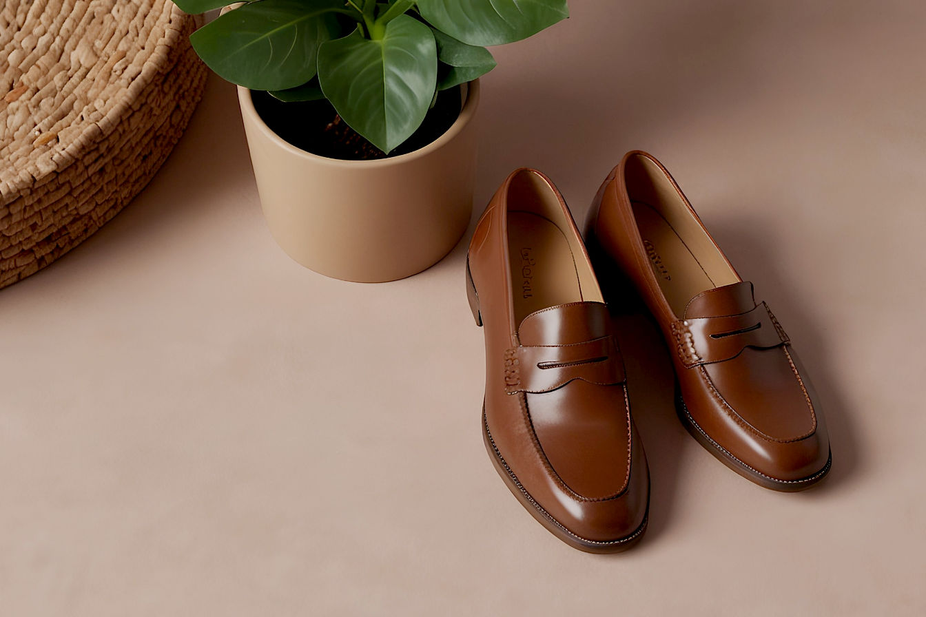 A pair of rich brown penny loafers positioned on a neutral background, with seasonal clothing items subtly arranged in the four corners of the frame (summer linen, fall tweed, winter wool, and spring cotton), symbolizing the shoe's year-round versatility. The lighting is warm and professional, highlighting the leather's texture and craftsmanship details.