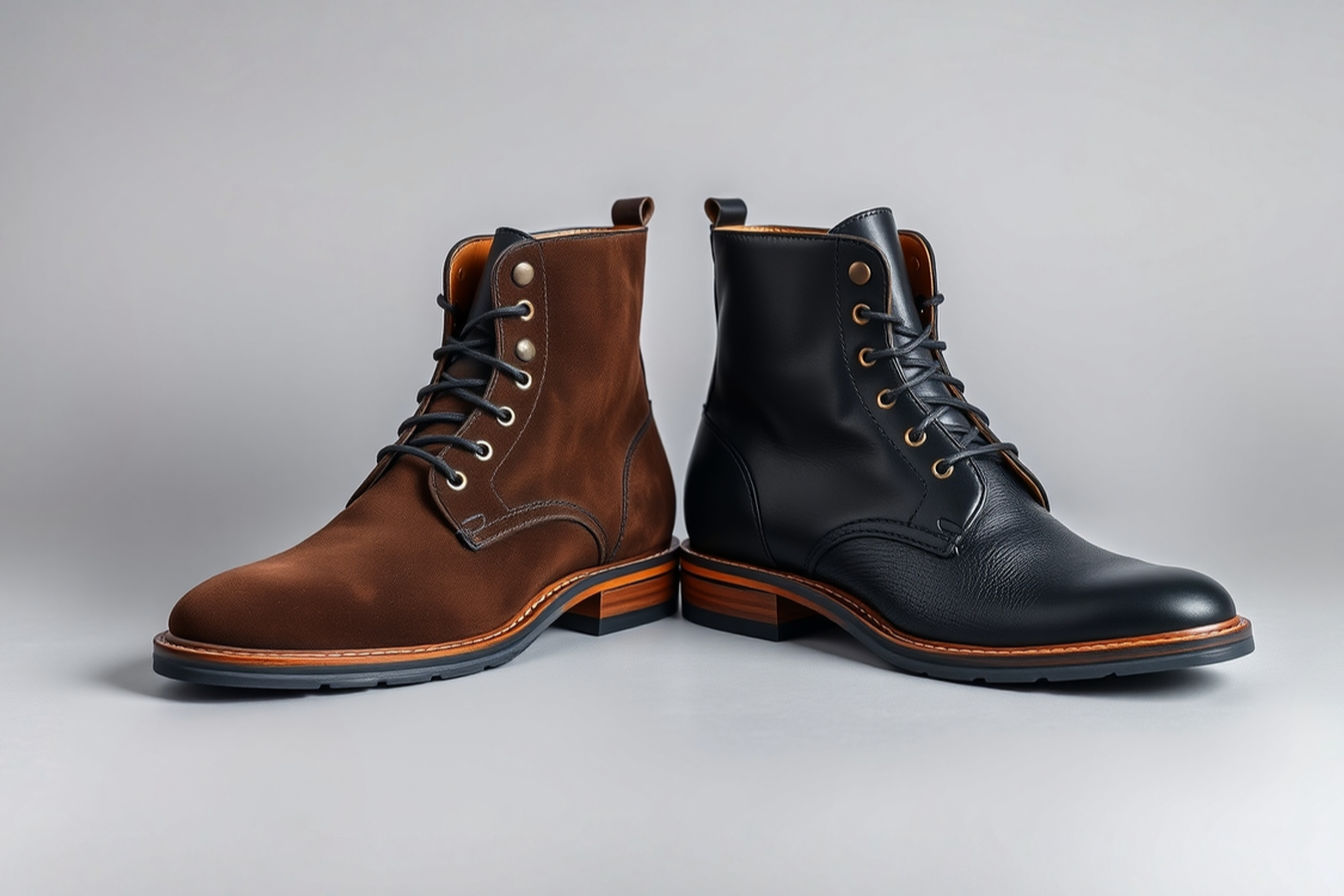 A professional, side-by-side product photography comparison of a premium dark brown suede chukka boot and a black leather chukka boot, positioned on a neutral gray background with soft, directional lighting highlighting the texture differences between the materials. The boots face slightly inward toward each other, creating a clean composition that emphasizes the color contrast.