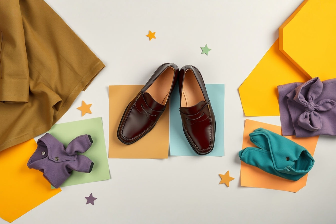 A professional flat-lay composition featuring polished burgundy penny loafers as the focal point, surrounded by fabric swatches in olive green, mustard yellow, teal, light blue, and sage green. The loafers are positioned centrally on a neutral light gray background with warm lighting highlighting the rich depth of the burgundy leather. Small clothing items representing each color combination are artfully arranged around the shoes, creating a sophisticated styling guide visual that illustrates the article's color pairing concepts.