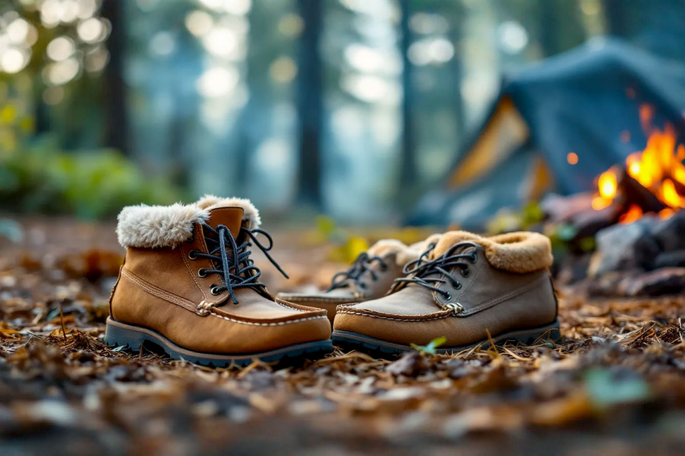 Professional photograph showing a pair of well-worn hiking boots next to a pair of soft leather camp moccasins on a natural surface like pine needles or dirt at a campsite, with a blurred tent or campfire in the background, conveying comfort and relaxation after a hike.