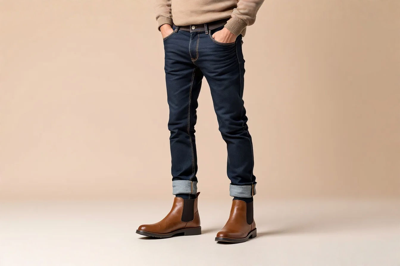 A well-lit, professional full-body photograph of a person standing, wearing dark wash slim-fit jeans perfectly hemmed to sit on the top of brown leather Chelsea boots. The jeans have a clean, smooth drape with no bunching or awkward gaps. The focus is on the lower half of the outfit, showcasing the ideal interaction between the jean hem and the boot shaft. The background is neutral and blurred.