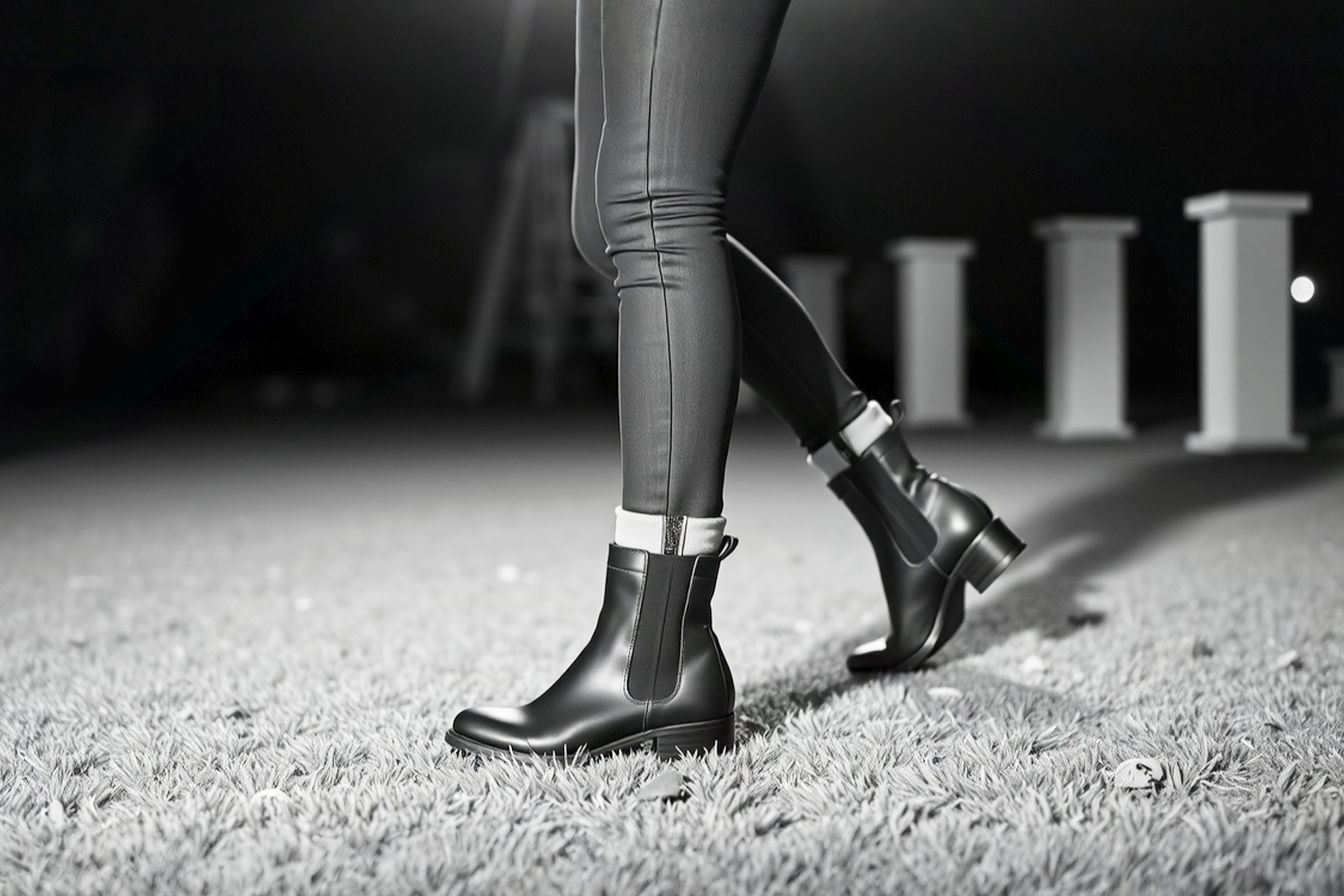 Professional full-length fashion photography featuring a diverse model wearing dark wash, slim-fit jeans with black leather Chelsea boots. The jeans are neatly cuffed just above the boot. The image is well-lit, showcasing the clean lines of the outfit and the seamless transition between the jeans and boots, emphasizing the elongated leg line. The background is neutral and slightly blurred to keep the focus on the outfit.