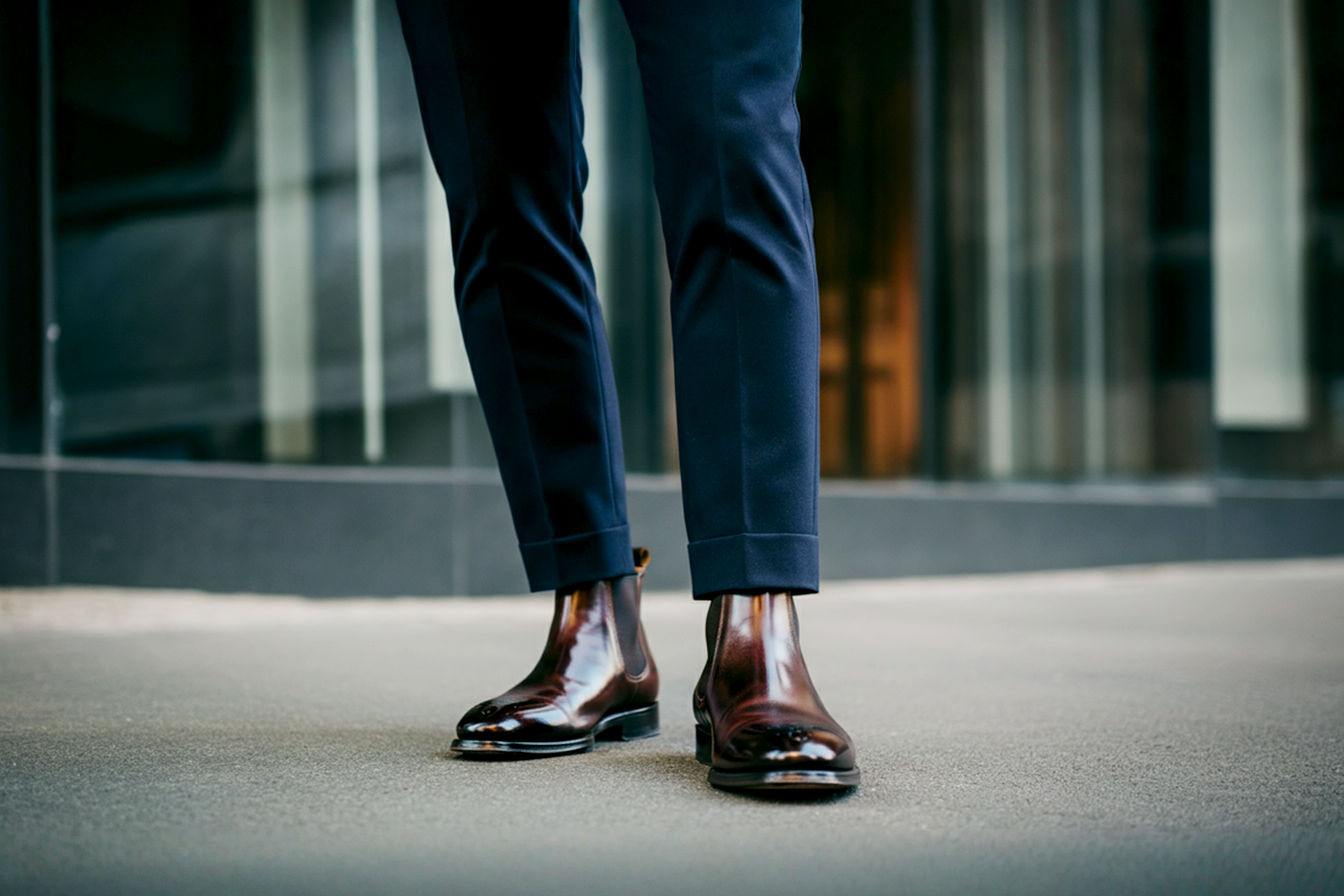 A stylish man from the chest down, wearing a well-fitted navy suit with slim, tapered trousers showing minimal break. On his feet are a pair of dark brown polished calfskin Chelsea boots with thin soles. The image has a professional photography style, clean background (perhaps blurred office or urban setting), focusing on the sharp lines of the suit trousers and the sleek profile of the boots.