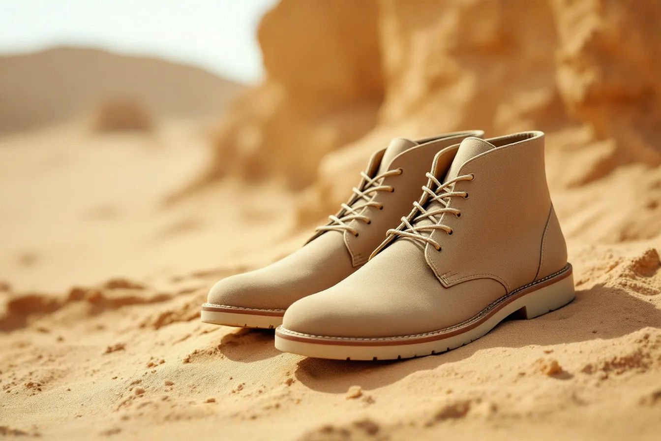 A high-quality, professional photograph showing a pair of classic sand-colored suede chukka boots (Clarks Desert Boot style) resting on a worn, sandy surface, with a slightly out-of-focus background suggesting a desert or rugged outdoor environment, symbolizing their origins. The lighting should be warm, evoking sunlight.