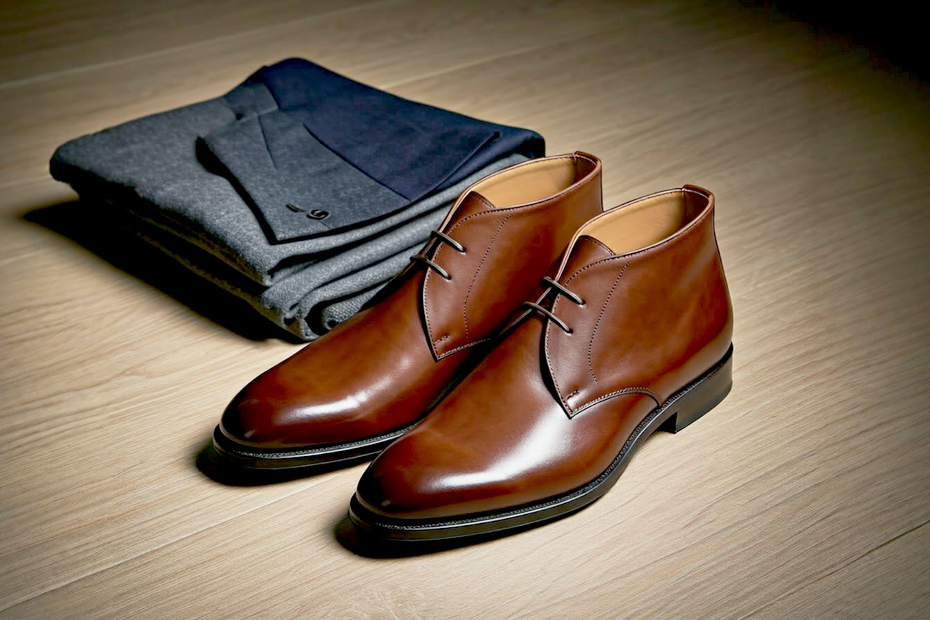 Professional, high-angle photograph showing a pair of dark brown, polished calfskin dress chukka boots on a light wooden floor. A neatly folded pair of grey wool tailored trousers and a glimpse of a dark navy blazer are visible in the background, suggesting a formal outfit context. The lighting is soft but highlights the polish of the boots.