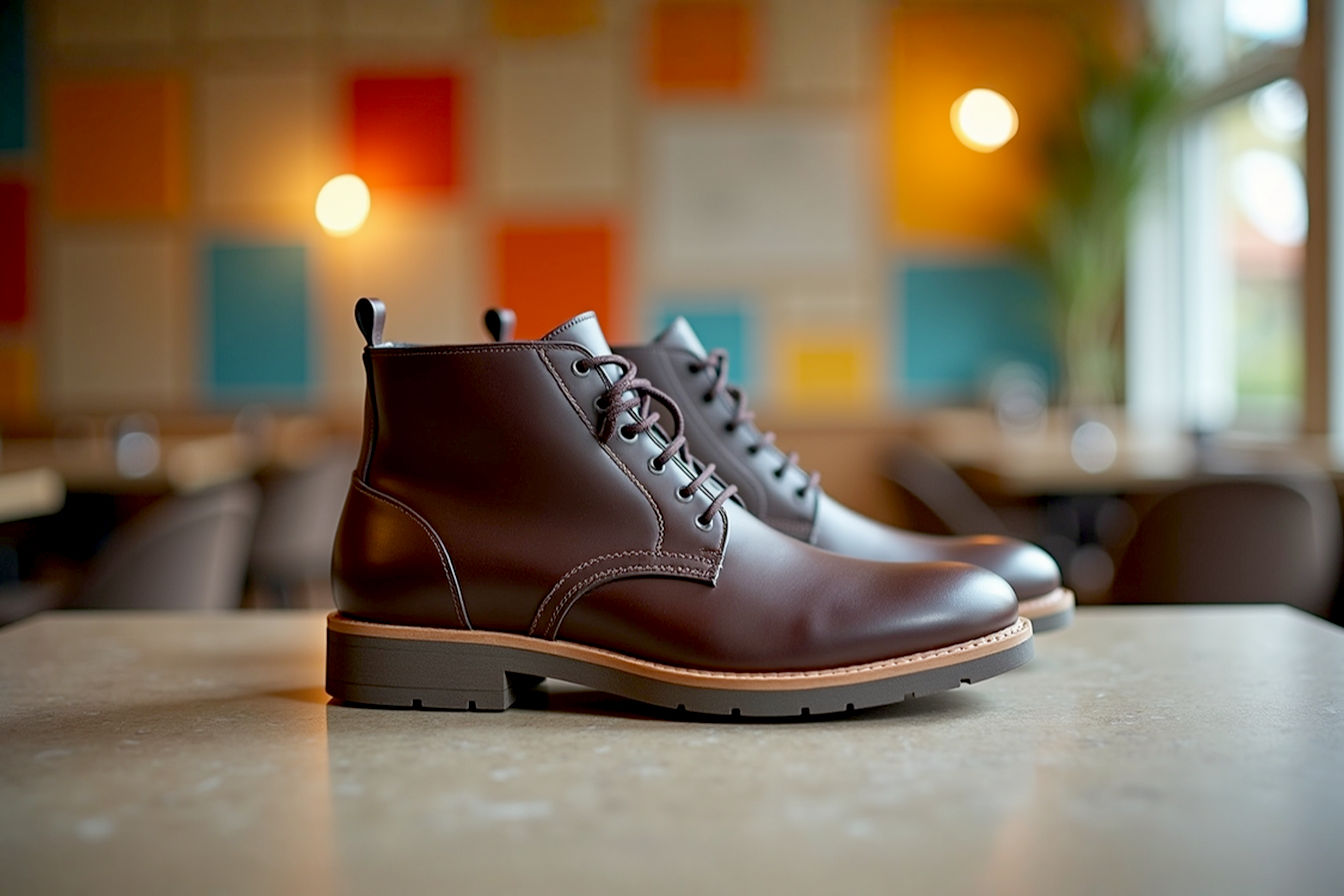 Professional photograph showing a pair of stylish dark brown leather chukka boot hybrids with a subtle rubber sole, positioned on a textured surface. One boot is standing upright, showcasing its profile and detailing, while the other is lying on its side. The background is a softly blurred indoor setting that could represent either an office or a restaurant, subtly suggesting the transition theme. The lighting is warm and highlights the quality of the leather and construction.