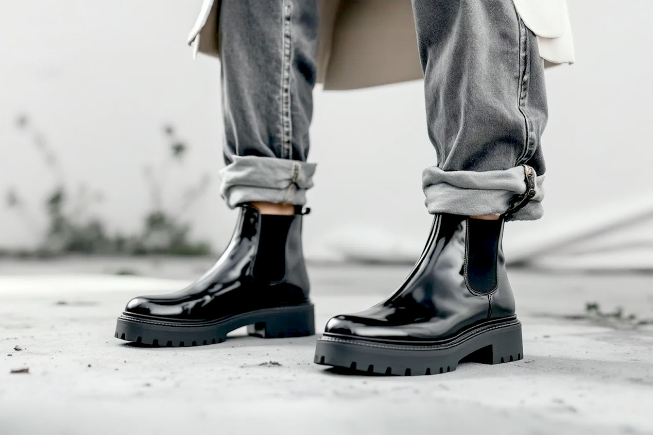 A professional fashion photography style image featuring a model wearing black chunky Chelsea boots with a platform sole, paired with straight-leg jeans that hit right at the boot top. The model wears a structured cream oversized blazer over a simple black tee, creating perfect proportion balance. The background is a minimal urban setting with soft natural lighting, highlighting the boots while showing the entire balanced outfit.
