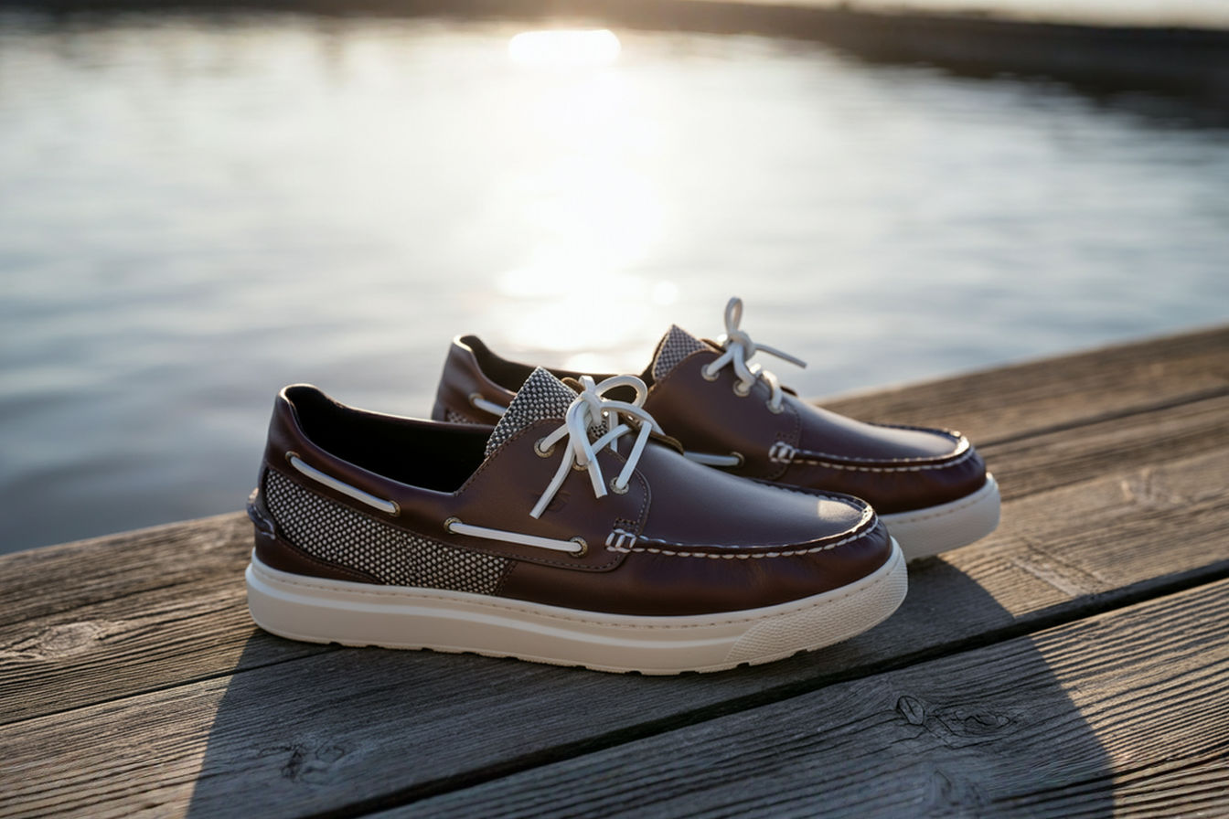 Professional photograph capturing a pair of modern, non-traditional boat shoes—perhaps a sleek sneaker hybrid in a bold color—resting casually on the edge of a weathered wooden boat dock. The background shows slightly blurred water and sunlight, conveying a sense of style, adventure, and a break from the purely classic nautical look. Soft, natural lighting highlights the shoe's unique materials and design features.