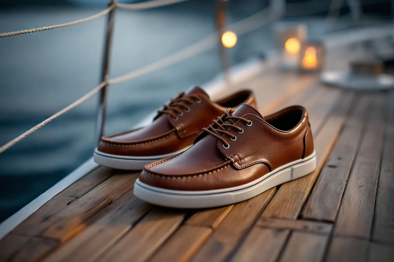 Professional photography style image showing a pair of stylish men's leather boat sneakers placed on a wooden boat deck with calm water in the background, and a subtly blurred background suggesting an evening dining setting. The lighting is warm, highlighting the texture of the leather and the details of the shoe.