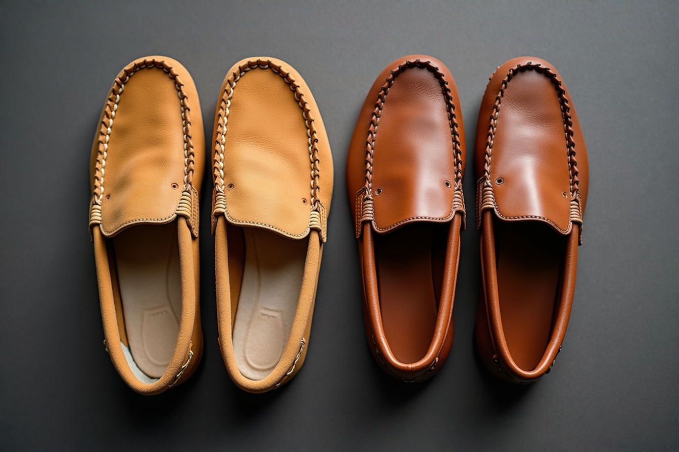 A professionally photographed overhead composition featuring a pair of deerskin moccasins next to a pair of cowhide moccasins. The deerskin pair appears softer and more supple with a buttery texture, while the cowhide appears slightly more rigid. Natural lighting highlights the different grain patterns and textures between the two leather types.