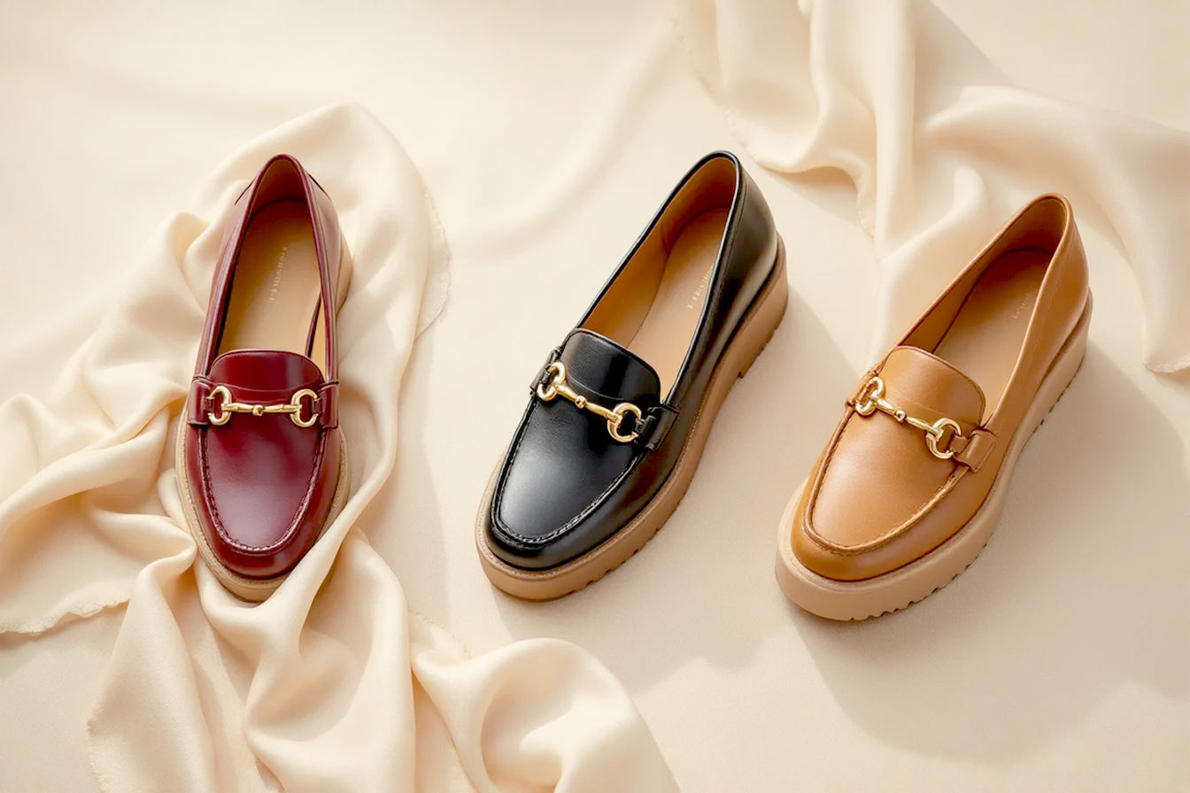 Professional product photography featuring three pairs of designer-inspired women's loafers arranged artfully on a textured cream background. The centerpiece is a black horsebit loafer with gold hardware, flanked by a burgundy penny loafer and a chunky lug-sole platform loafer in tan leather. Soft, diffused lighting highlights the quality details, while a silky cream scarf adds a subtle luxury touch to the composition.