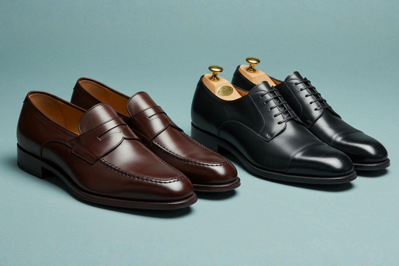 Professional photography style. A close-up shot showing a pair of dark brown calfskin dress loafers next to a pair of black calfskin cap-toe Oxfords on a neutral background. The image highlights the difference in lacing systems and the quality of the leather.