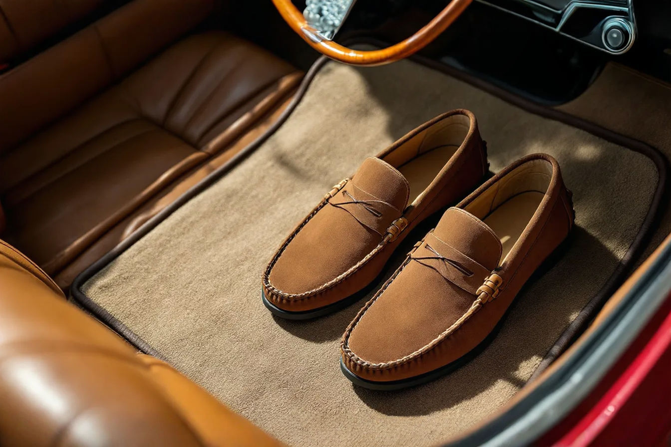 A high-angle, professional photograph of a pair of classic brown suede men's driving moccasins resting on the floor mat of a vintage Italian sports car (like an Alfa Romeo or Fiat Spider). The car's interior is visible, showing leather seats and a wooden steering wheel. The lighting is soft and natural, highlighting the texture of the suede and the details of the rubber pebble sole. The background is slightly blurred, focusing attention on the shoes and the car interior. The overall mood is sophisticated and leisurely.