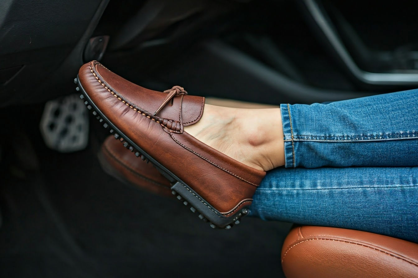 Professional, well-lit lifestyle photograph. A woman wearing stylish, high-quality brown leather driving moccasins is seated in the driver's seat of a car, her feet resting naturally near the pedals. One foot is slightly angled to clearly show the unique pebble-patterned sole extending up the back of the heel. The focus is on the shoe and foot area, with the car interior softly blurred in the background. The overall mood is comfortable and ready for travel.