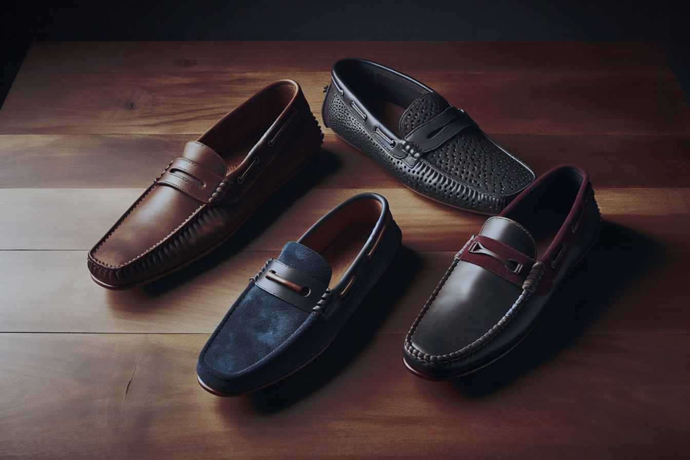 A professionally arranged flat-lay composition featuring four different styles of men's driving moccasins on a rich wooden surface. The image showcases a classic brown leather driving moc, a navy blue suede version, a hybrid black leather driving loafer, and a bold burgundy statement driving moc. Soft natural lighting highlights the texture and details of each shoe, emphasizing the distinctive rubber-pebbled soles and craftsmanship. The composition suggests sophisticated masculine style with timeless appeal.