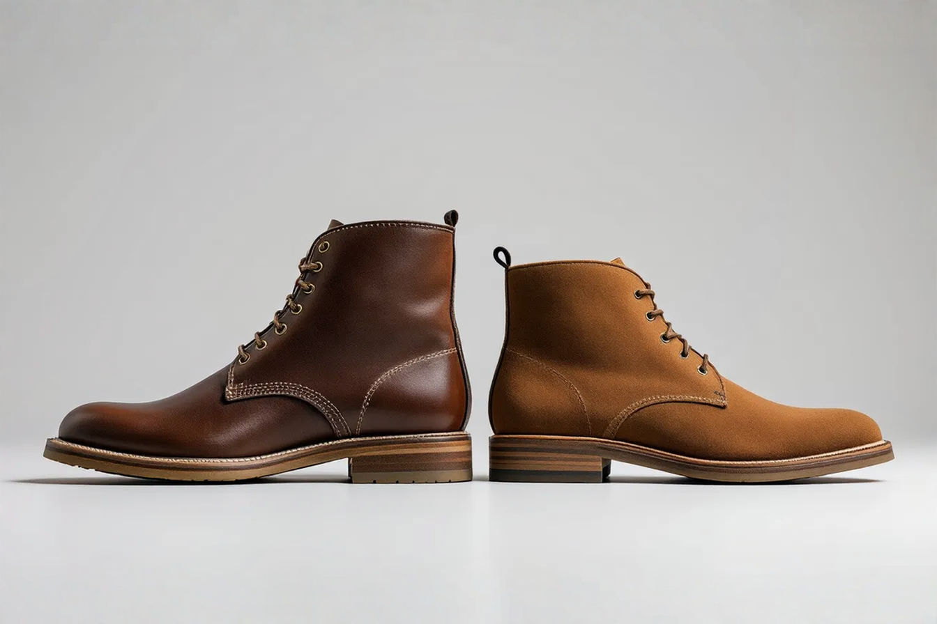 A professional, clean studio photograph. On the left, a classic men's brown leather chukka boot, side view. On the right, a classic women's brown suede chukka boot, side view. Both boots are positioned to show their shape and proportions clearly, highlighting subtle differences in the last shape, particularly the heel and forefoot width. The background is a neutral grey or white. Lighting is soft, emphasizing texture and form.