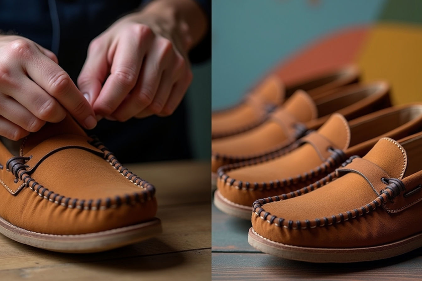 Professional photography style image showing a split view. On the left, close-up detail of a hand stitching a leather moccasin vamp, highlighting the texture of quality leather and visible hand thread. On the right, a clean, uniform stack of identical machine-made moccasins in retail packaging, emphasizing scale and consistency. Lighting is even and highlights textures and details.